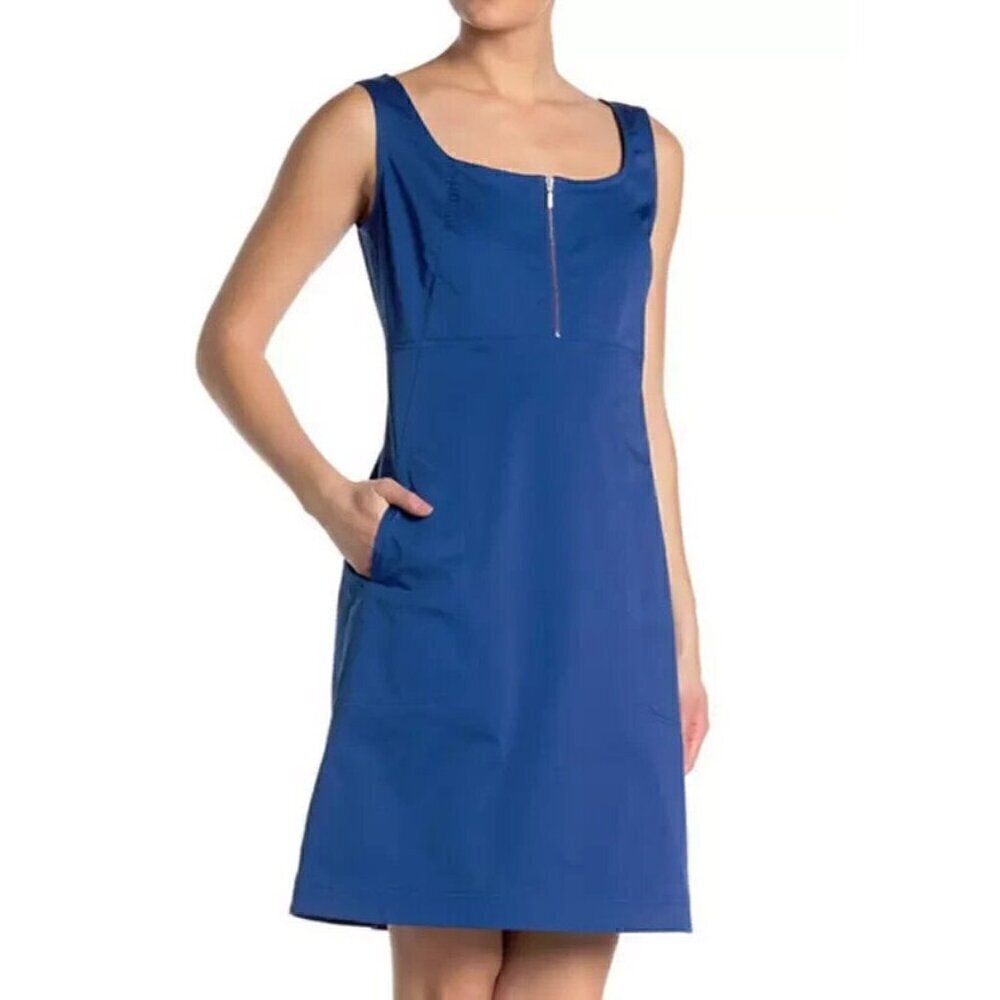 Lafayette 148 Amoya Zip Detailed Dress Size L Glaze Blue Bi-Stretch Sleeveless